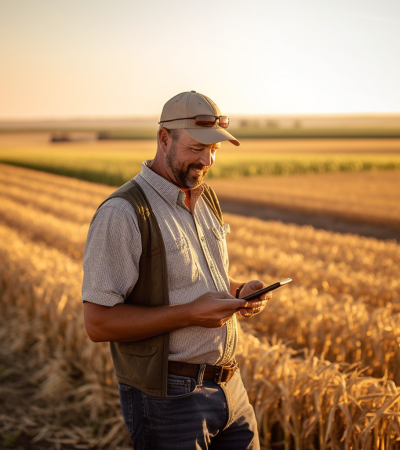 farmer in a field on a phone